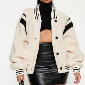 Plush Bomber Jacket - Cream with Black Trim